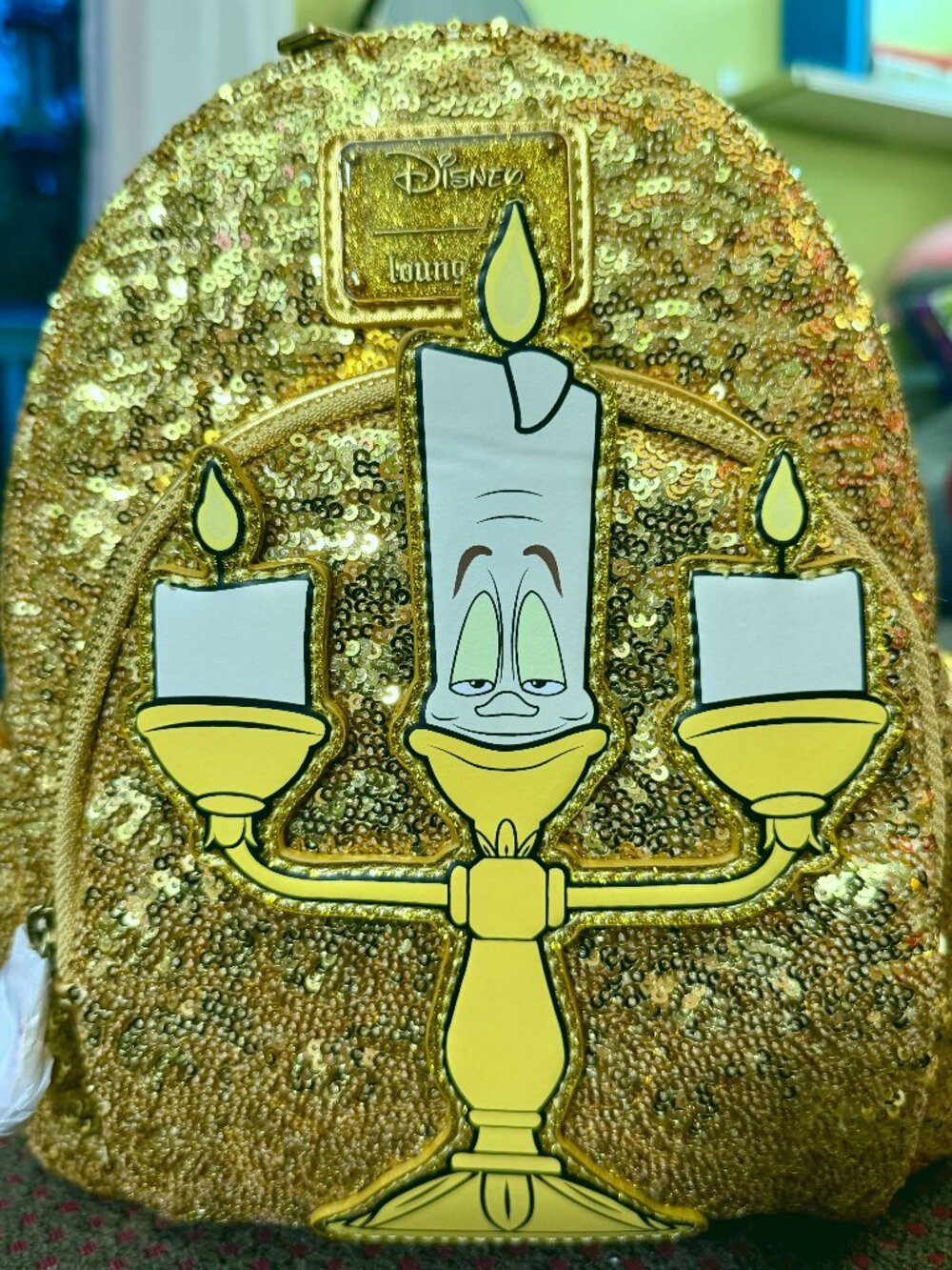 Loungefly Disney Beauty and the Beast Lumiere Sequin Mini Backpack NWT Glow Dark